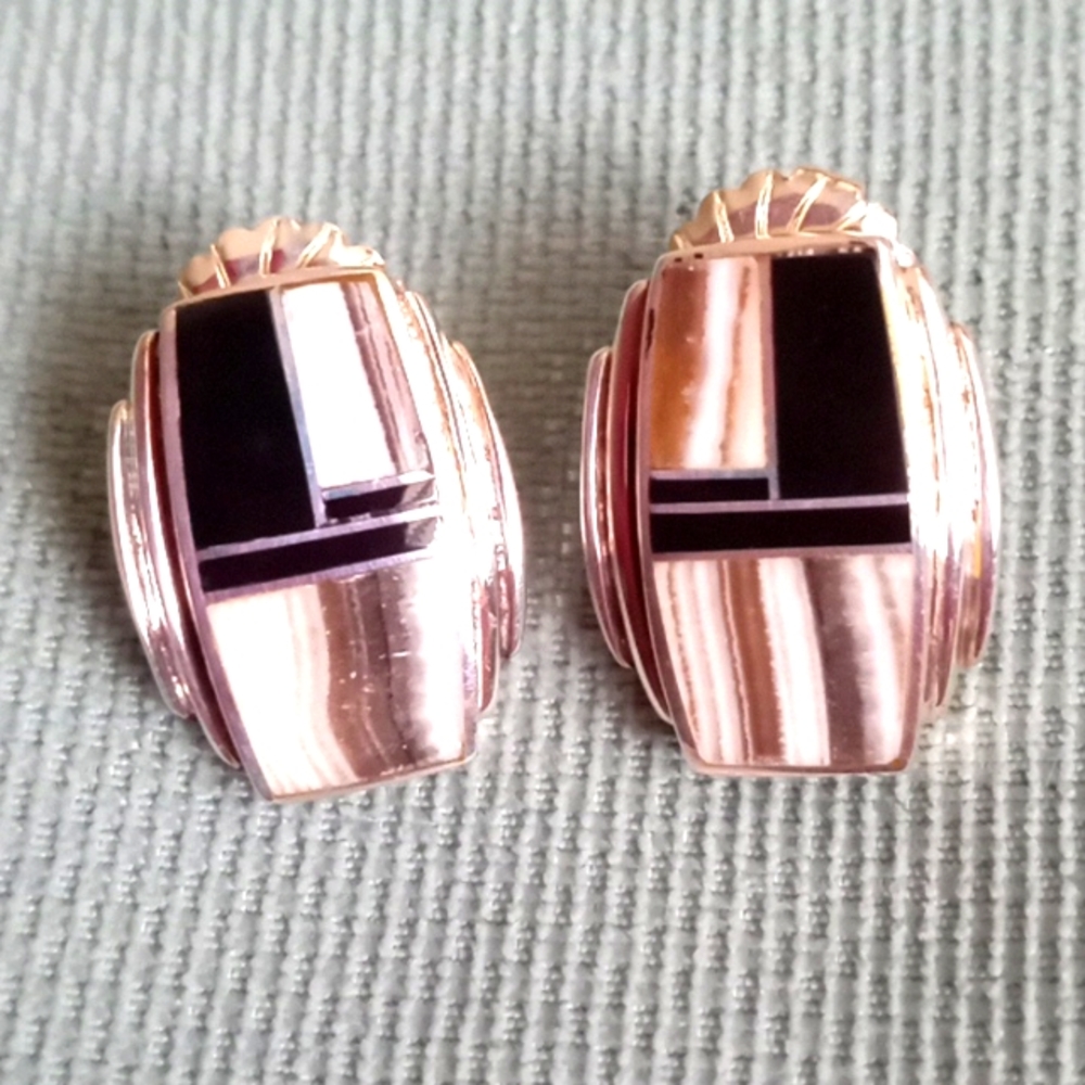 NATIVE AMERICAN INLAY BLACK ONYX AND SHELL TUXEDO EARRING'S